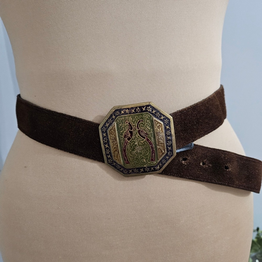 Golden Hands Suede Leather Belt Ornate Peacock‎ Buckle Octagon Vintage Western